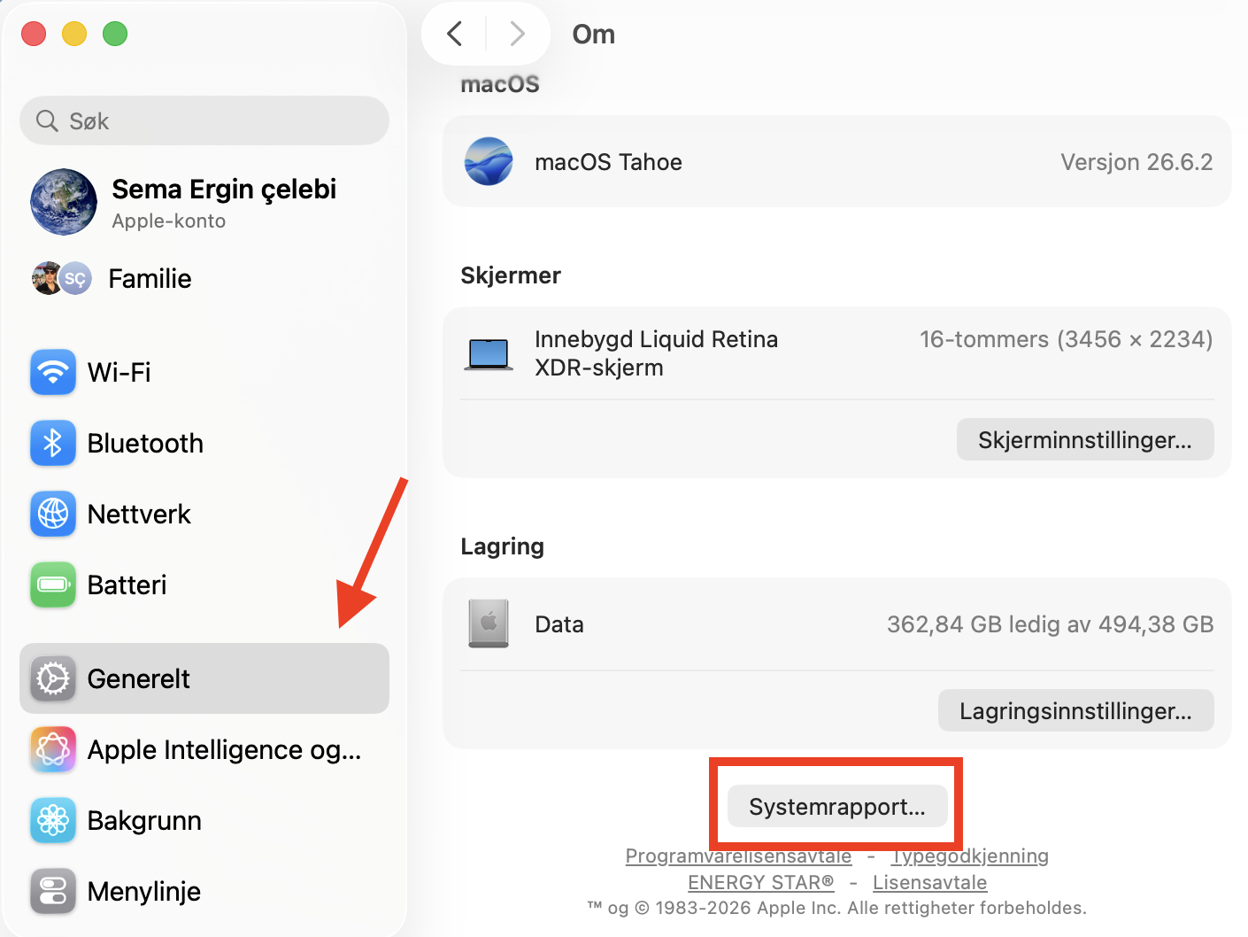 Menyen Generelt i appen Innstillinger på Mac. Hvis den eksterne harddisken ikke gjenkjennes på Mac, kontroller Systemrapporten for å se om disken detekteres