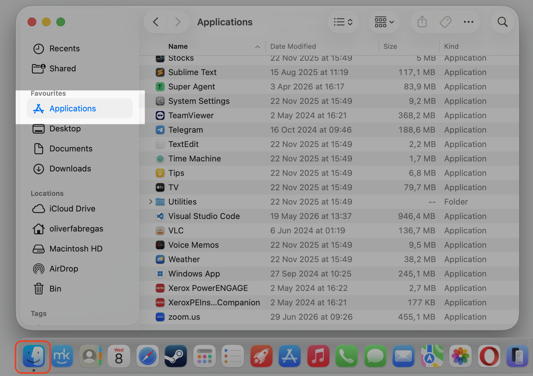 Finder Applications folder on macOS with Applications selected in the sidebar, the first step to open Activity Monitor and check sentineld CPU.
