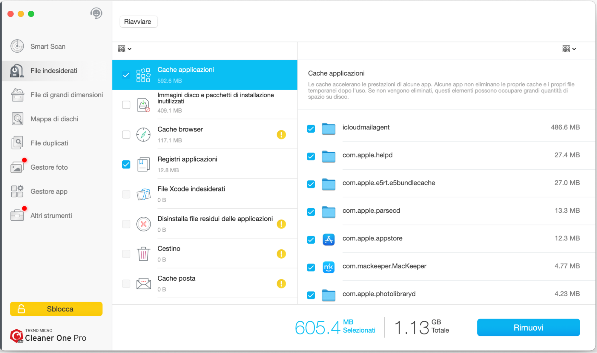 Familiarizza con le funzionalità di Cleaner One Pro e con la sua funzione File Indesiderati in un colpo d’occhio. Dopo che la scansione è stata completa, puoi spuntare le caselle degli elementi da eliminare e cliccare Rimuovi.