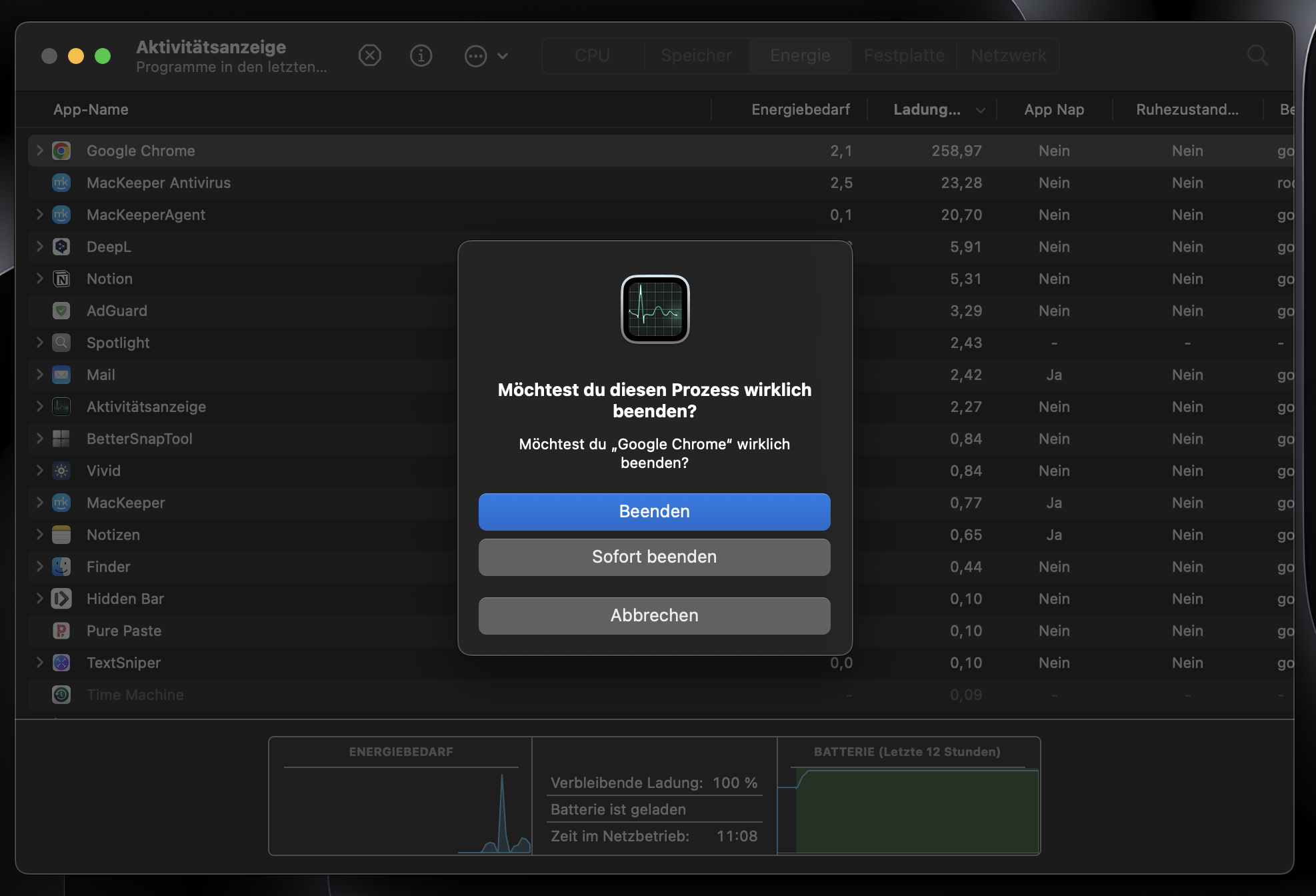 Klicken Sie in einem Popup-Fenster auf Beenden, um den Vorgang zu beenden.