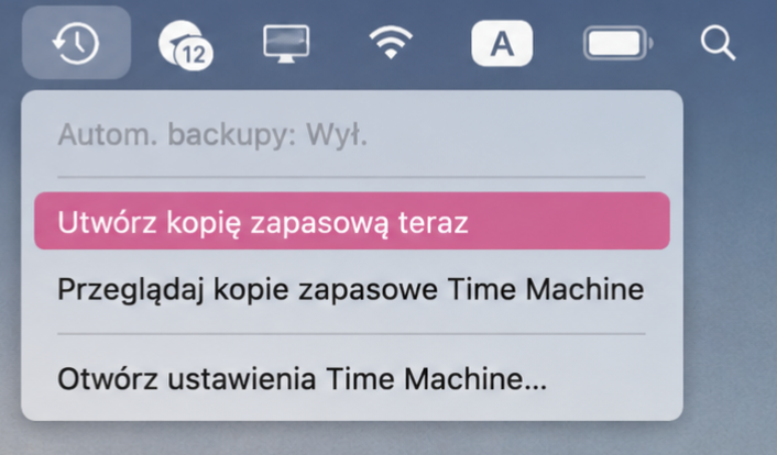 Kopię zapasową Time Machine możesz też uruchomić, klikając ikonę na pasku menu Maca, a następnie wybierając Utwórz kopię zapasową teraz.