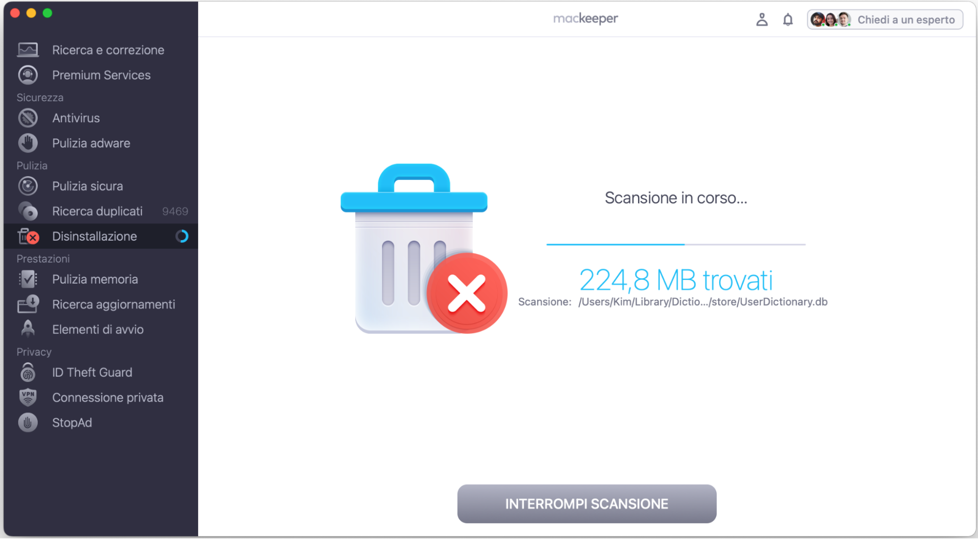 La Disinstallazione di MacKeeper sta scansionando il tuo Mac alla ricerca di elementi non necessari.