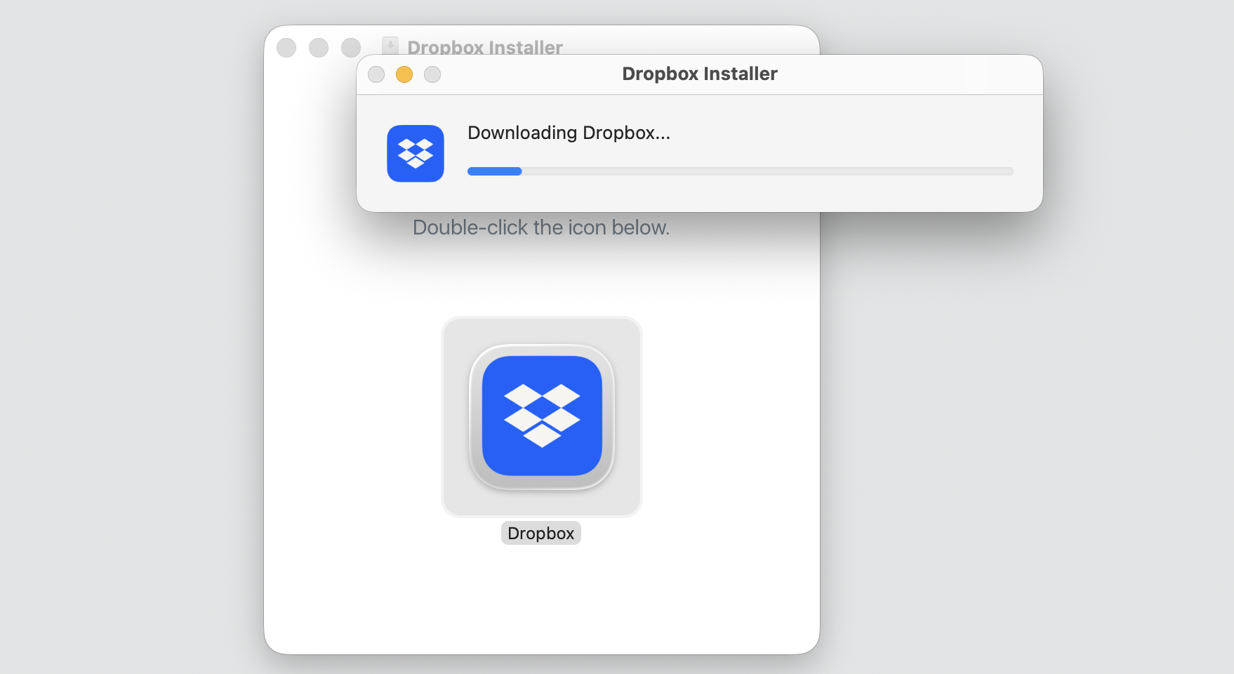 The Dropbox Installer on an Apple computer showing the Downloading Dropbox progress bar while the latest version installs.