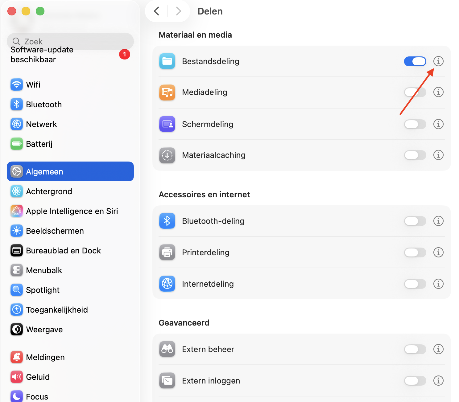 Systeeminstellingen op Mac met het menu Delen. Om Bluetooth-bestandsdeling te gebruiken om bestanden van de ene Mac naar de andere Mac te kopiëren, klik je op het i-symbool naast Bestandsdeling om de voorkeuren te openen.