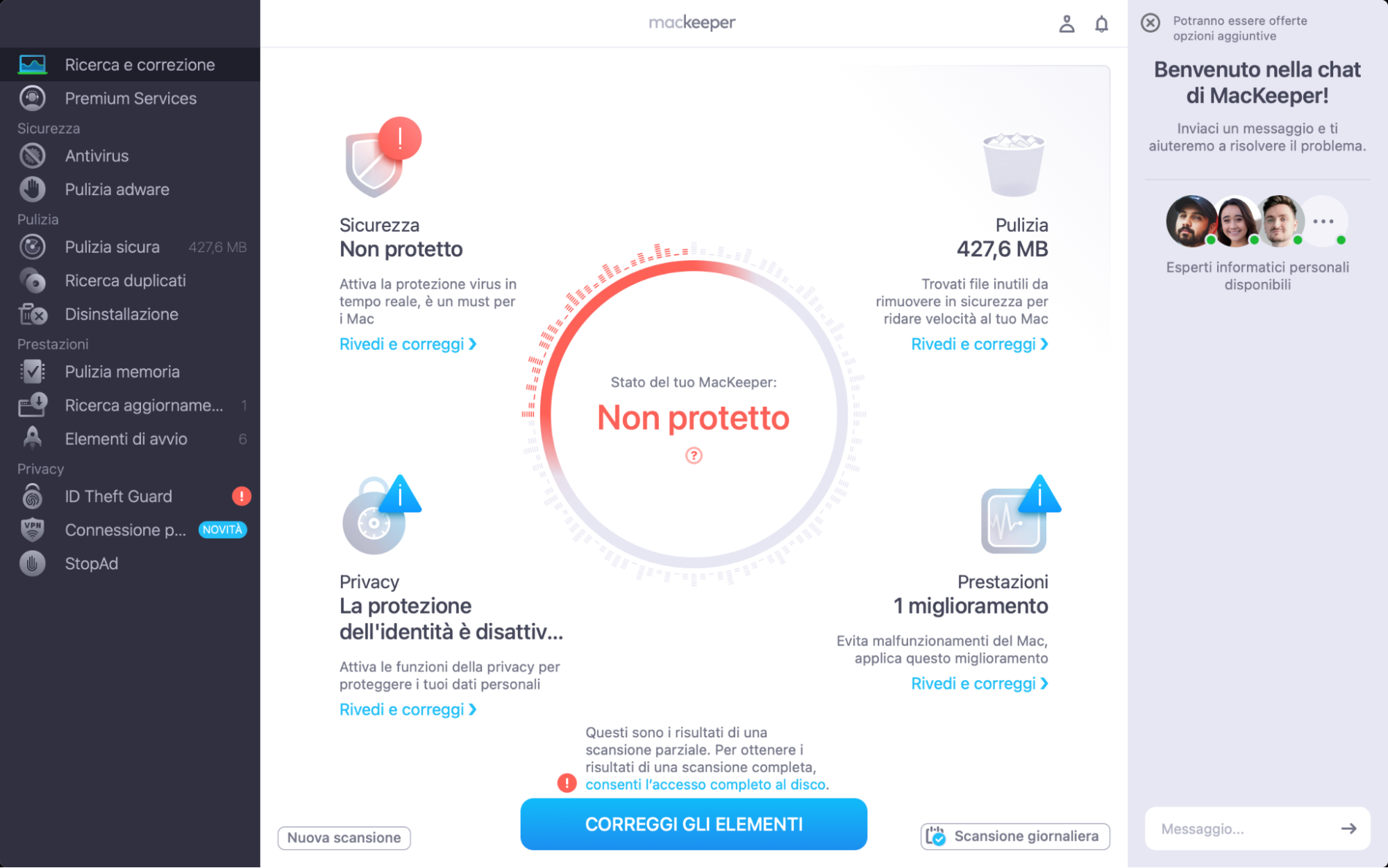 Attendi che l'app MacKeeper completi il processo di scansione per identificare la possibile causa del malfunzionamento del disco rigido. Quindi, risolvi il problema con la funzione Correggi gli elementi.