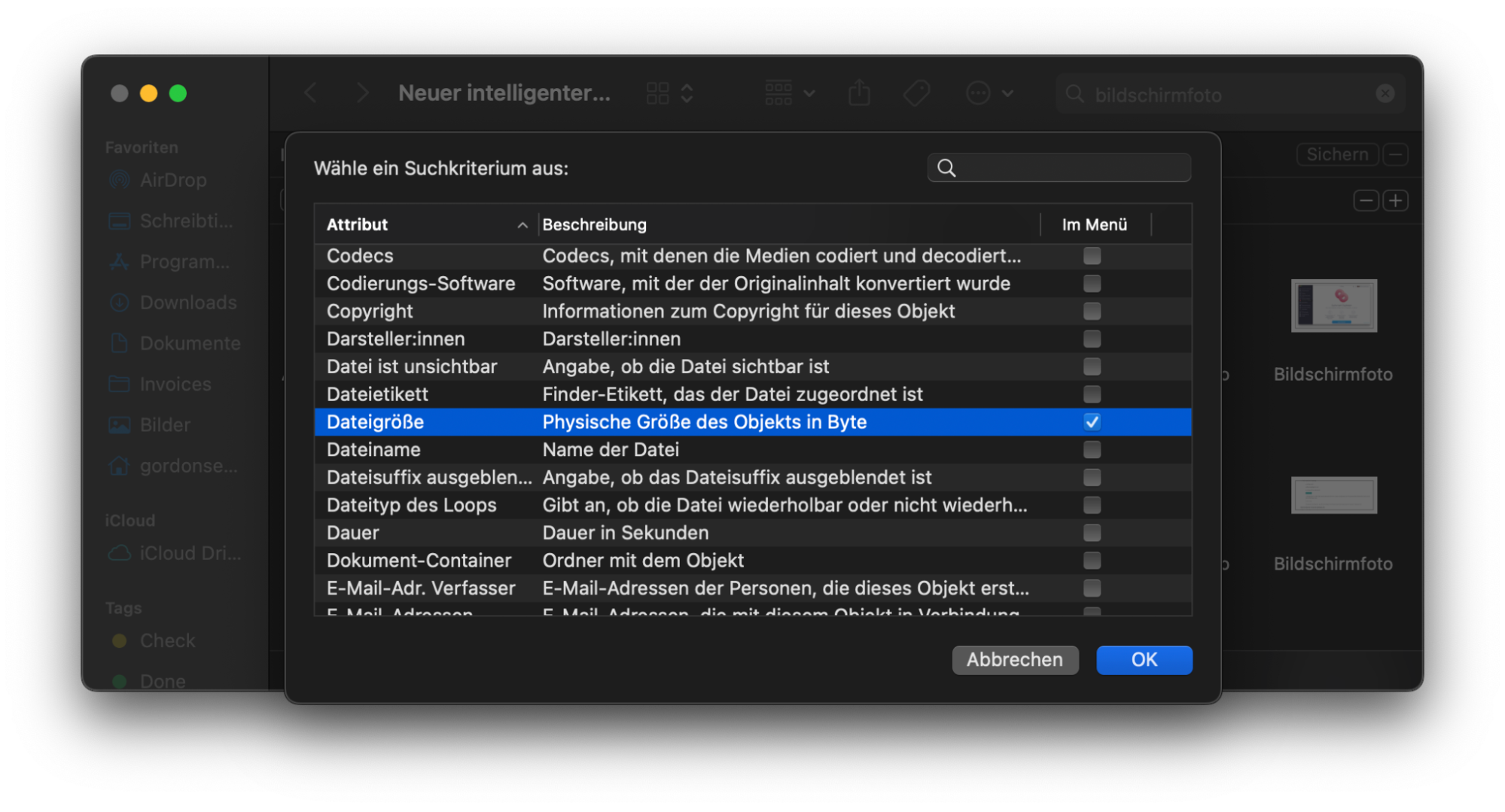 Wählen Sie nun im neuen intelligenten Ordner unter der Option Andere das Attribut Dateigröße aus. Bestätigen Sie die Aktion, indem Sie auf OK klicken, wenn Sie fertig sind.