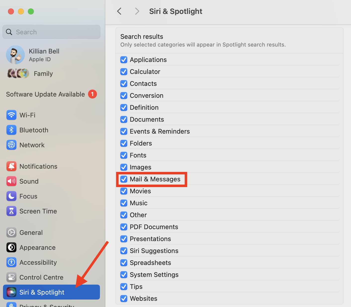 The Siri & Spotlight section inside System Settings on Mac. If Apple Mail search is not working on macOS, make sure that Mail & Messages is enabled for Spotlight.