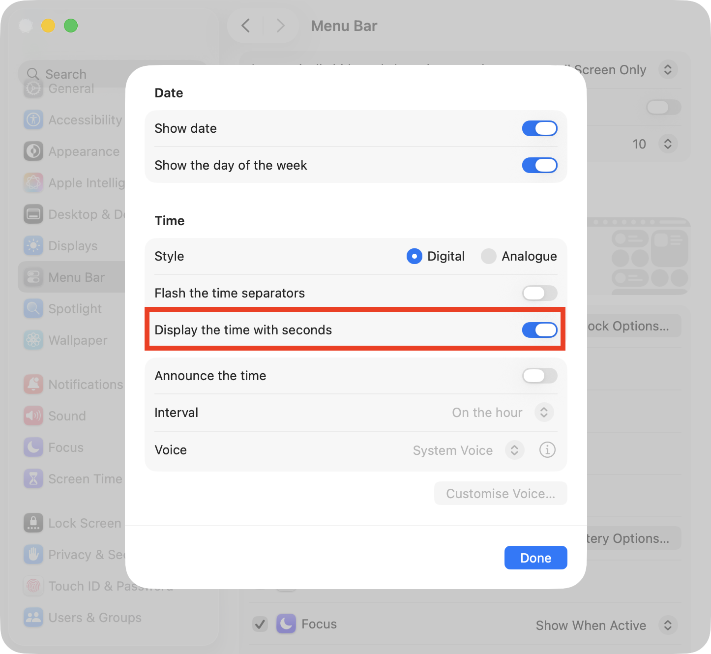 The option to Display the time with seconds in Settings on Mac. Enable this option within Settings > Menu Bar > Clock Options if you want to know how to show seconds on Mac clock.