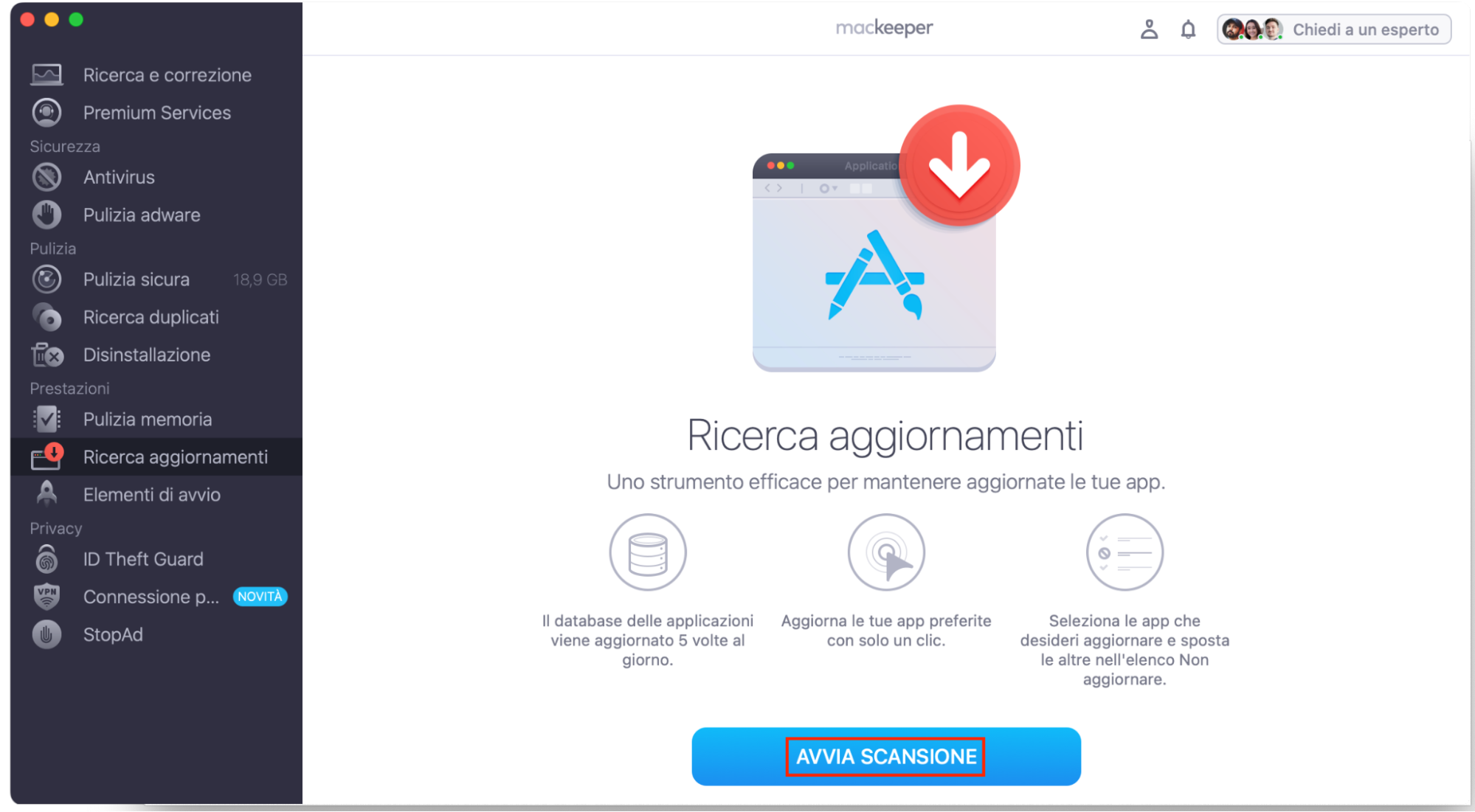 Ora, in Ricerca Aggiornamenti di MacKeeper, seleziona Avvia Scansione e attendi che l’app ti mostri i risultati.