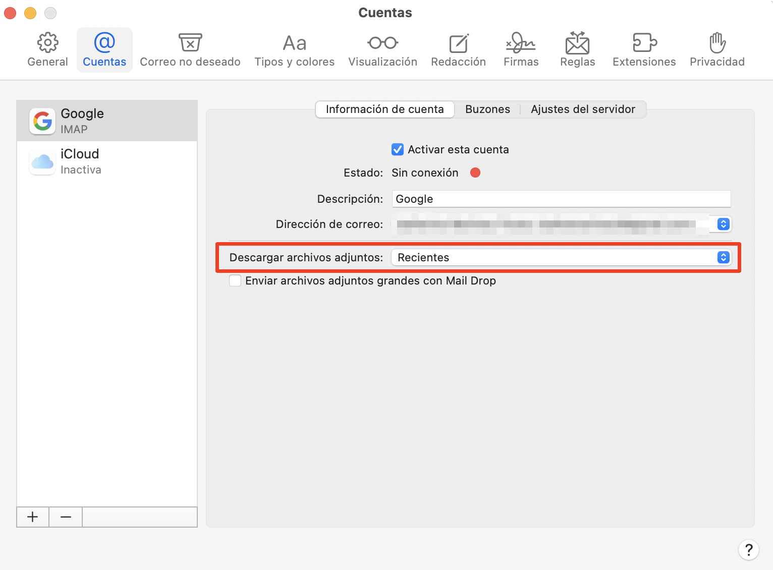 La página de ajustes Cuentas en la aplicación Mail de Apple. Descargar archivos adjuntos está resaltado. Cómo eliminar el caché de mail en Mac: reducir el espacio que utiliza Mail.