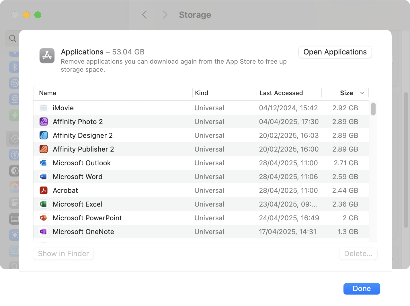 If you choose the 'Applications' option, for example, System Settings will show you all your currently installed apps, as well as info about when you last used them.