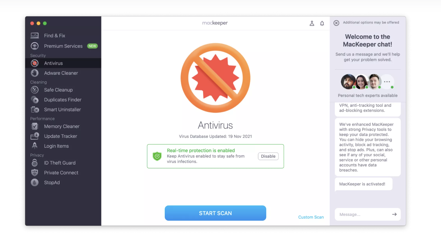 Protect your Mac by scanning for malware with MacKeeper's Antivirus tool. Open MacKeeper and go to Security > Antivirus, before selecting Start Scan.