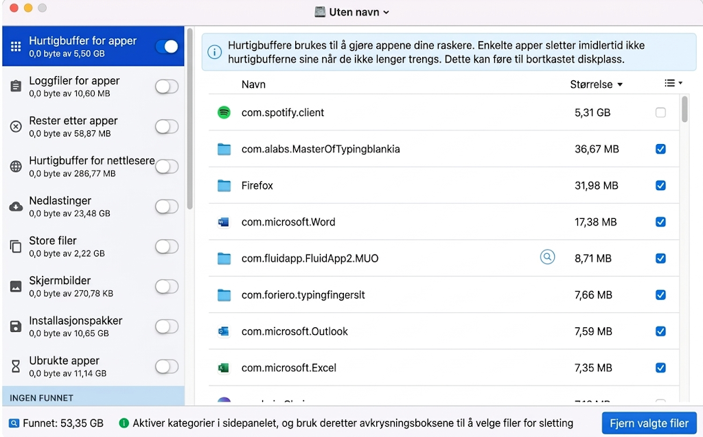 Disk Doctor Pro-vinduet viser listen over bufferfiler, gamle nedlastinger og andre overflødige filer som kan slettes for å frigjøre litt plass på en Mac.