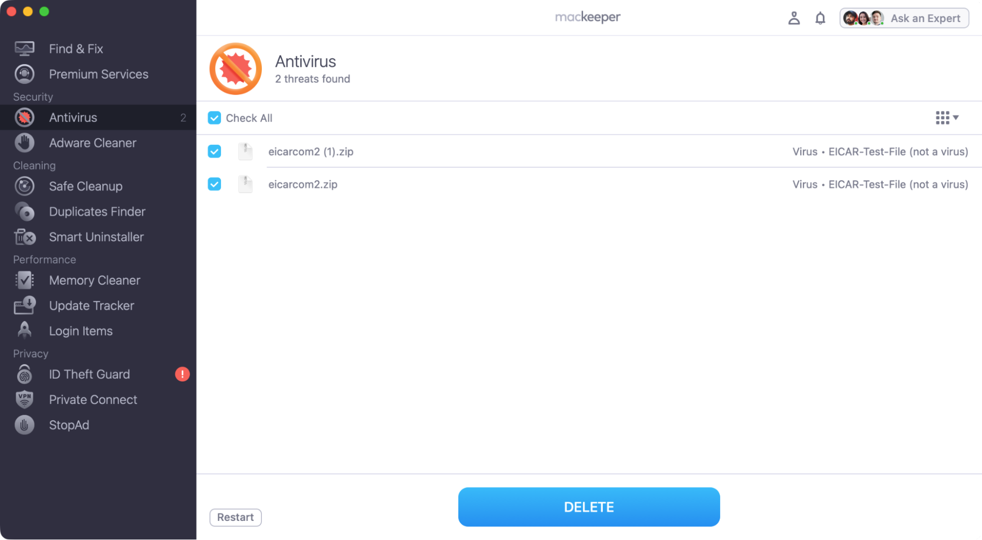 Wait for MacKeeper's Antivirus to search your Mac. If it finds anything, select the malware, and then click the 'Delete' button. Afterwards, see if your spacebar works normally.