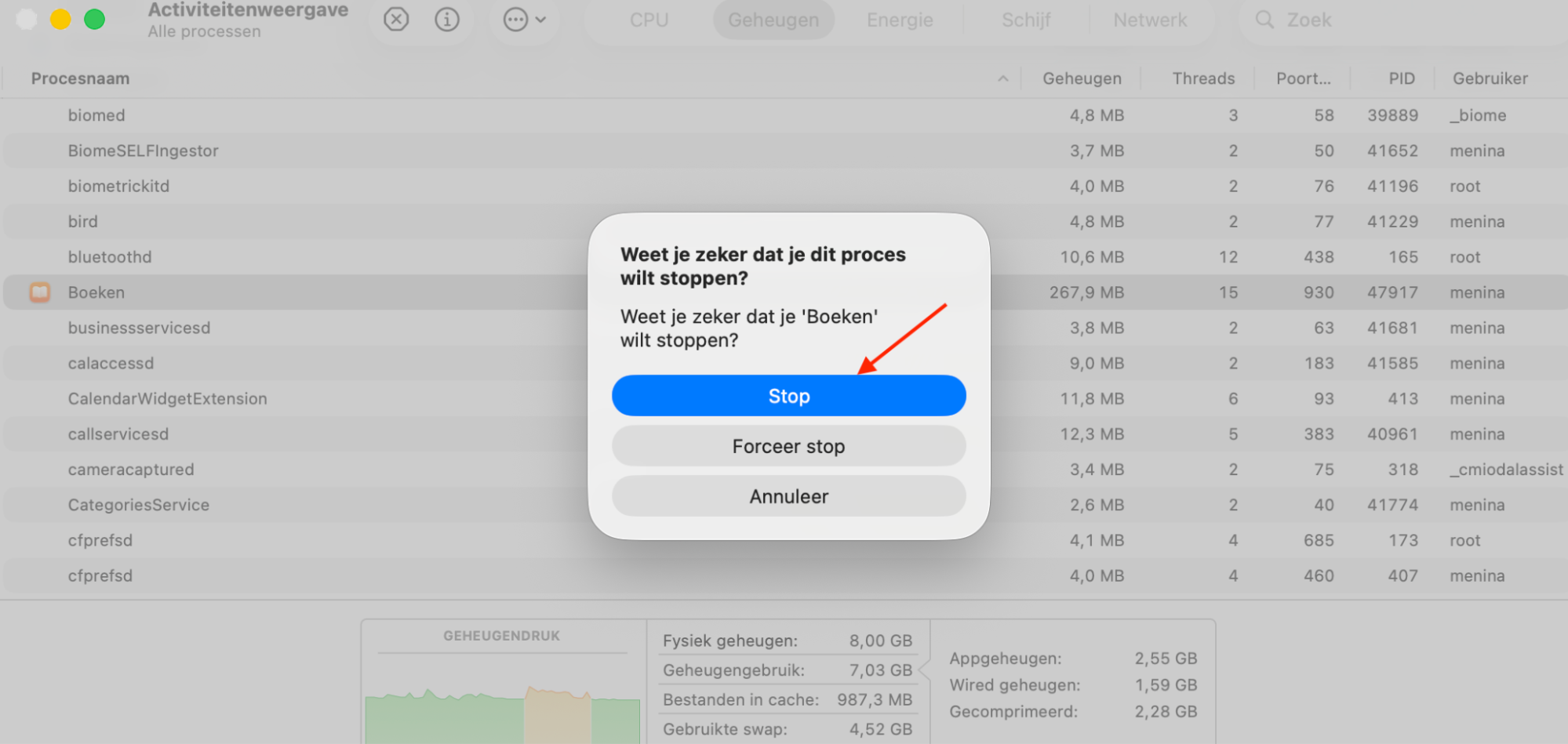 Activiteitenweergave op je Mac toont de details van een actief proces. Om het te beëindigen, klik je op de knop Stop en bevestig je wanneer daarom wordt gevraagd.