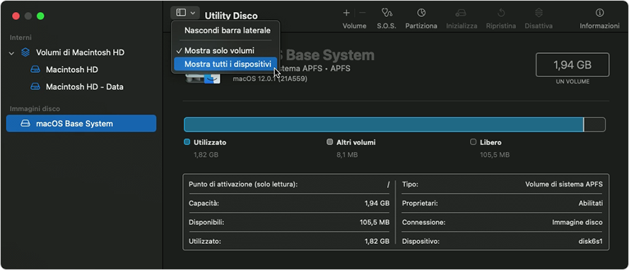 Per usare Utility Disco sul Mac, assicurati che vengano mostrati tutti i dischi selezionando Vista > Mostra tutti i dispositivi nella barra dei menu. I dischi verranno visualizzati sul lato sinistro della finestra. Dopo aver selezionato un disco, le sue informazioni compariranno sullo schermo.