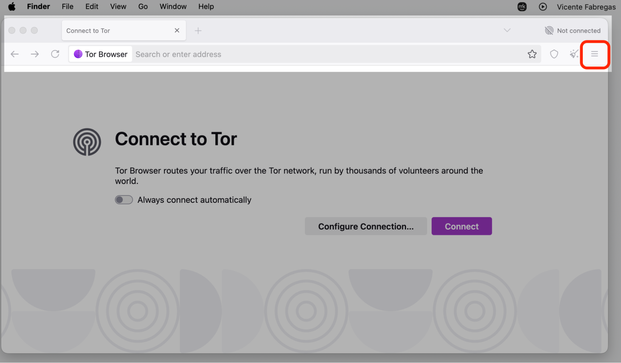 Tor Browser's Connect to Tor start page on macOS, with the menu icon beside the address bar highlighted to reach its safety and security settings.