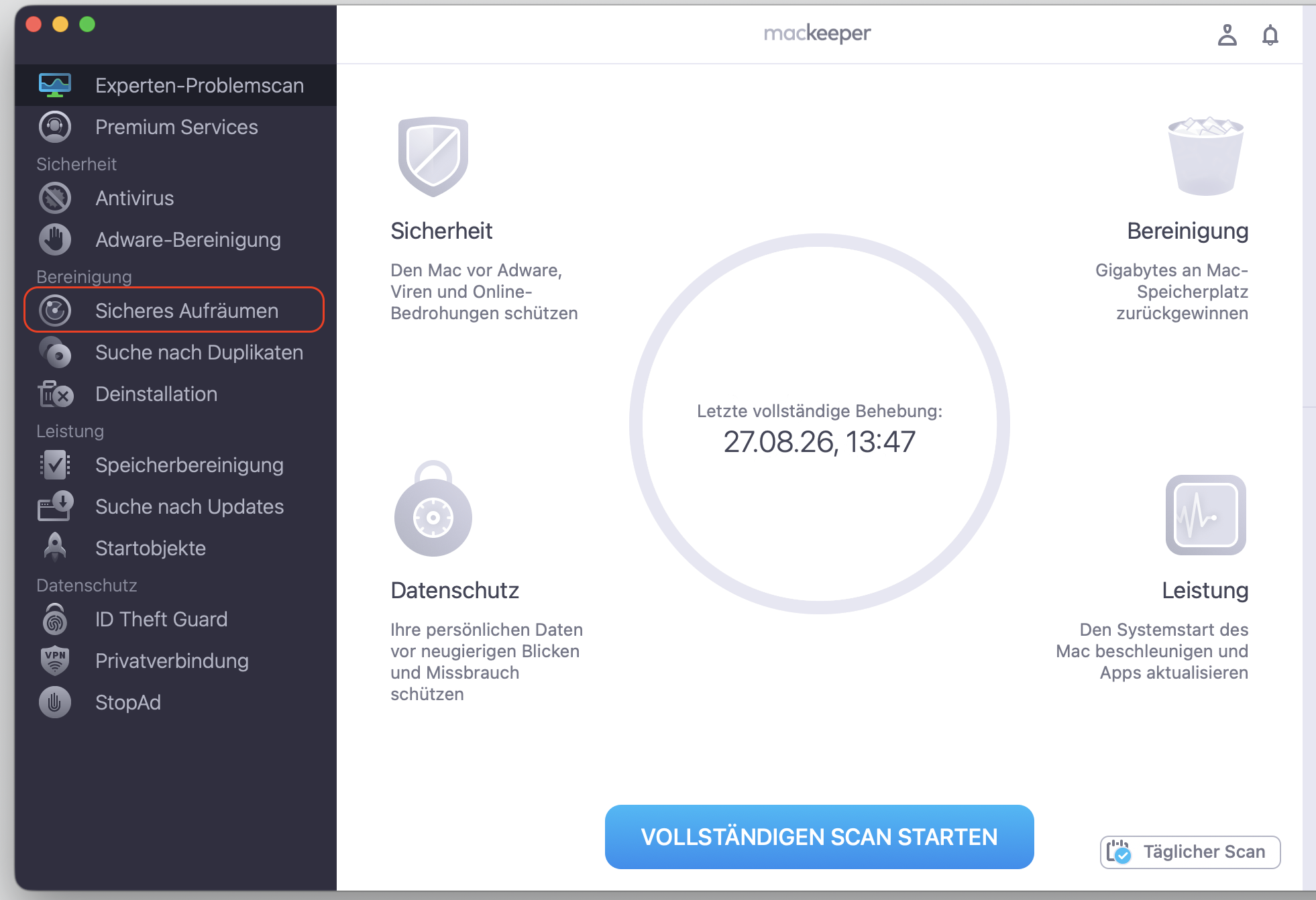 Um lokalen Speicher auf Ihrem Mac freizugeben, verwenden Sie Sicheres Aufräumen von MacKeeper. Dies kann bei dem Problem helfen, dass iCloud Drive den lokalen Speicher auf dem Mac belegt.