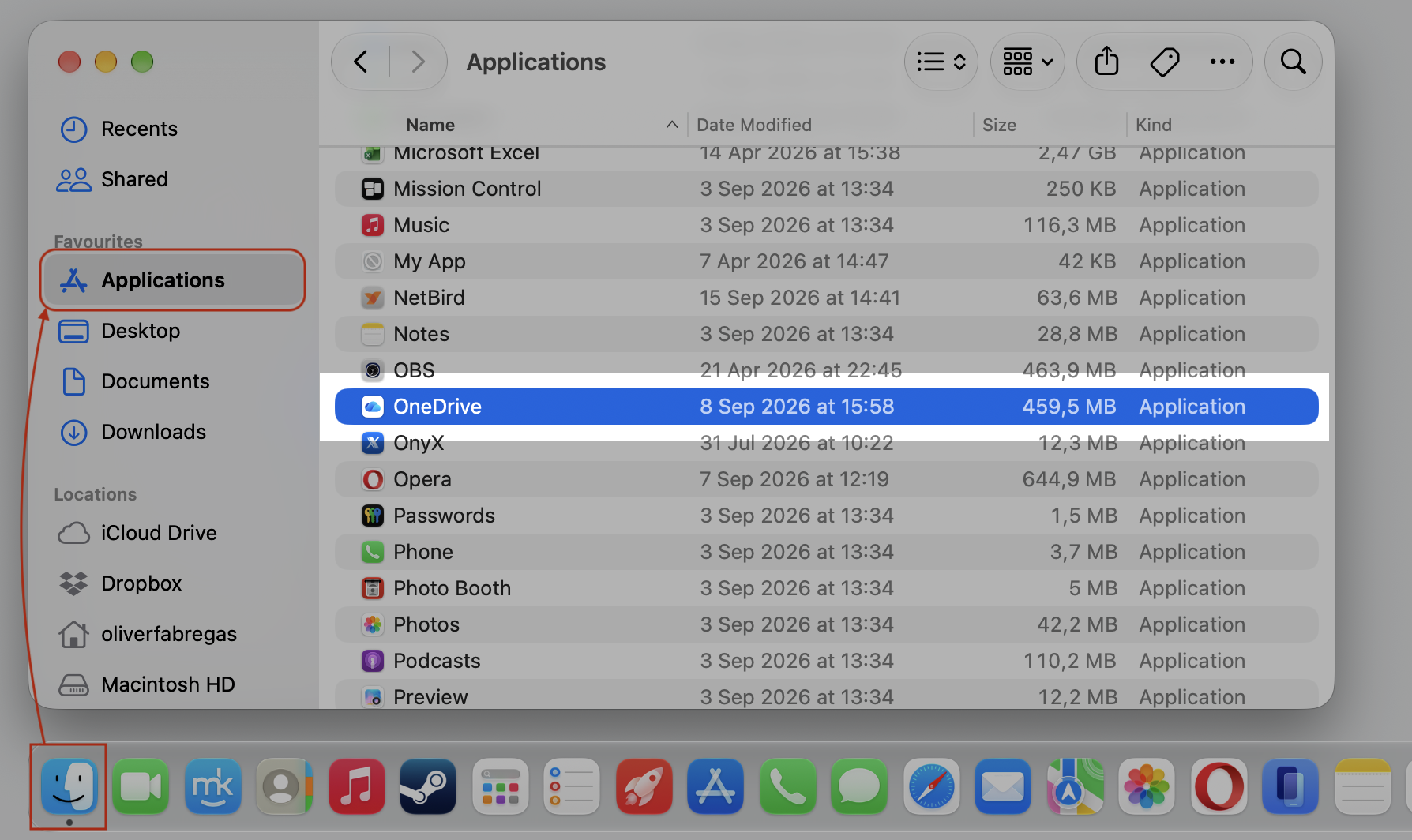 Finder Applications folder on an Apple laptop with OneDrive selected, the step before resetting the damaged OneDrive app on macOS.