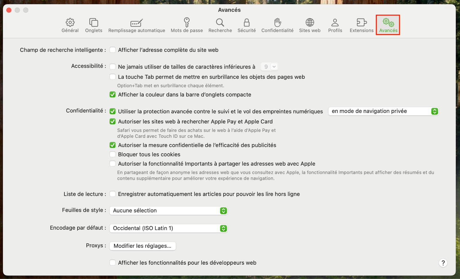 La deuxième étape consiste à localiser l'onglet Avancés dans la fenêtre des réglages. Une fois localisé, cliquez sur celle-ci pour vider le cache de Safari sur Mac.