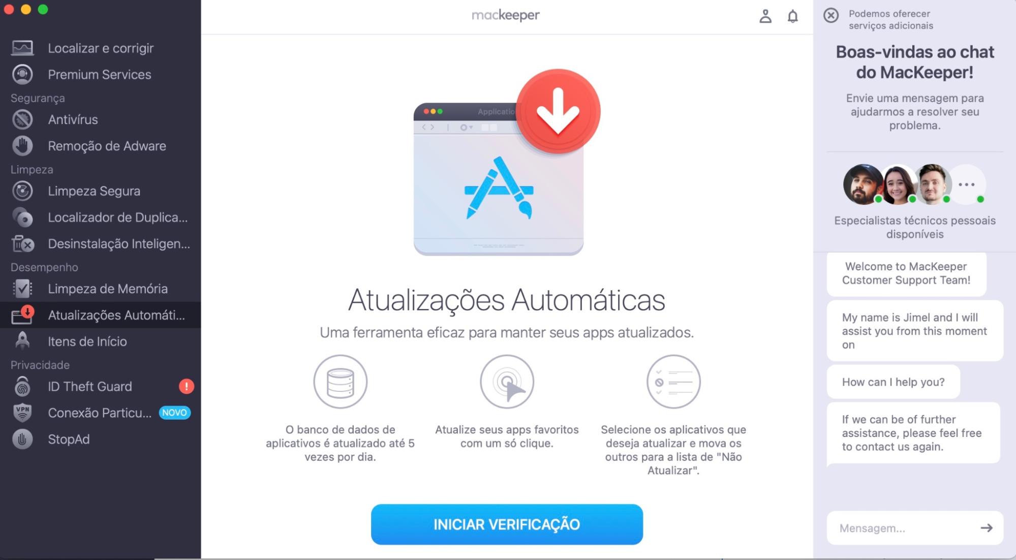 Verifique quais aplicativos precisam de atualização. Abra o MacKeeper e selecione Atualizações Automáticas no menu lateral esquerdo e clique em Iniciar Verificação.