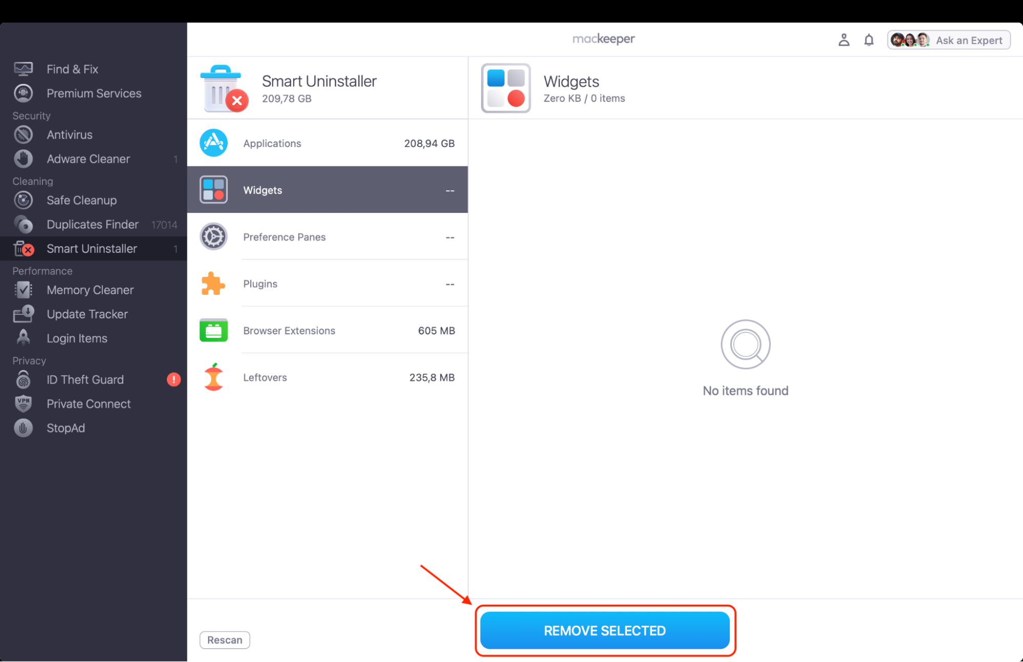 After reviewing the scan results in MacKeeper's Smart Uninstaller, select the apps you want gone and click Remove to delete them with all their files.