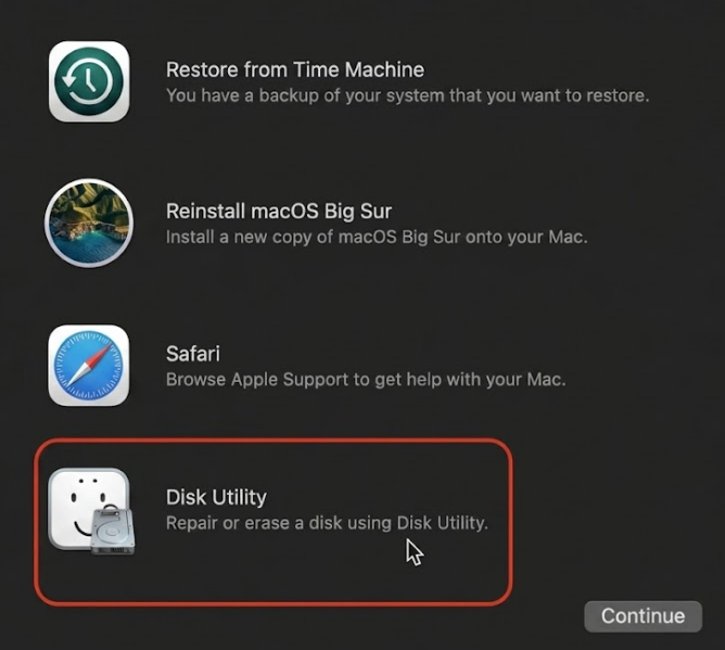 macOS Recovery app window on an Intel Mac with Disk Utility selected and the Continue button to open it before erasing the startup disk.