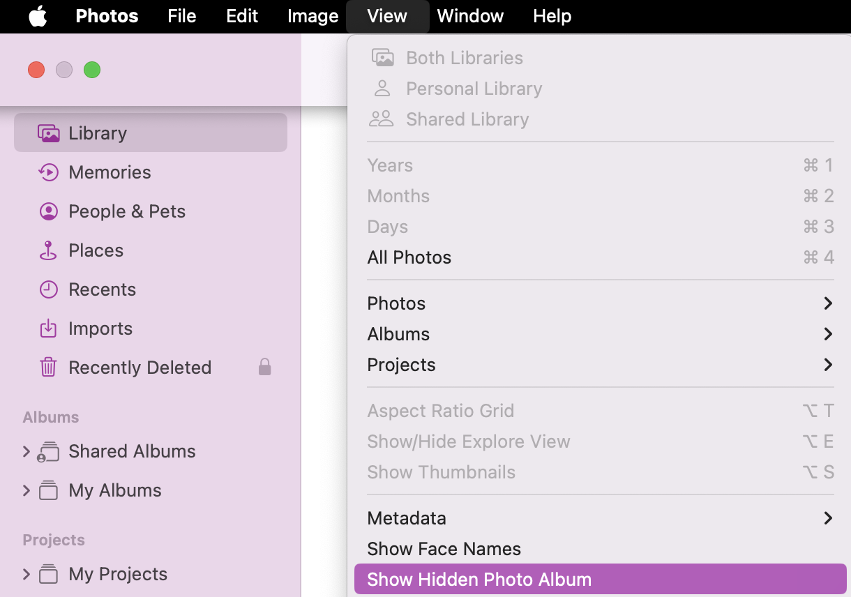To show hidden photos, go to the Photo app. Go to the menu bar and click on View > Show Hidden Photo Album.
