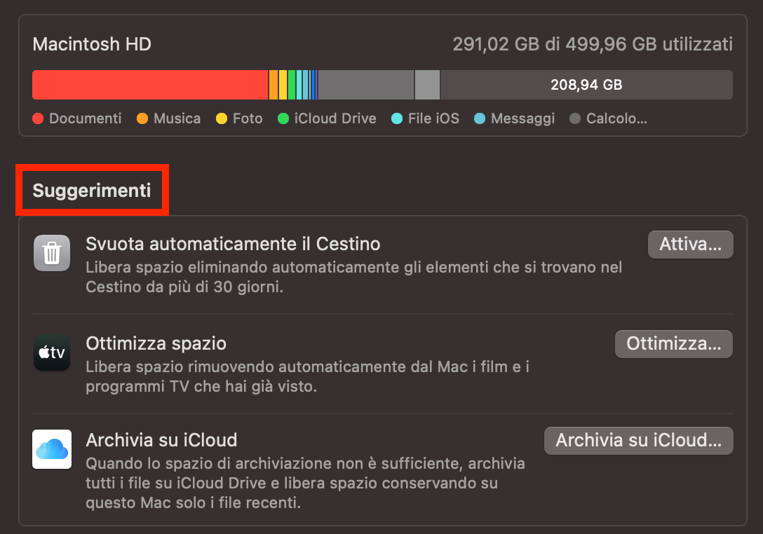 Nella finestra Spazio vedrai l’opzione Suggerimenti. Seleziona le opzioni che desideri per continuare.