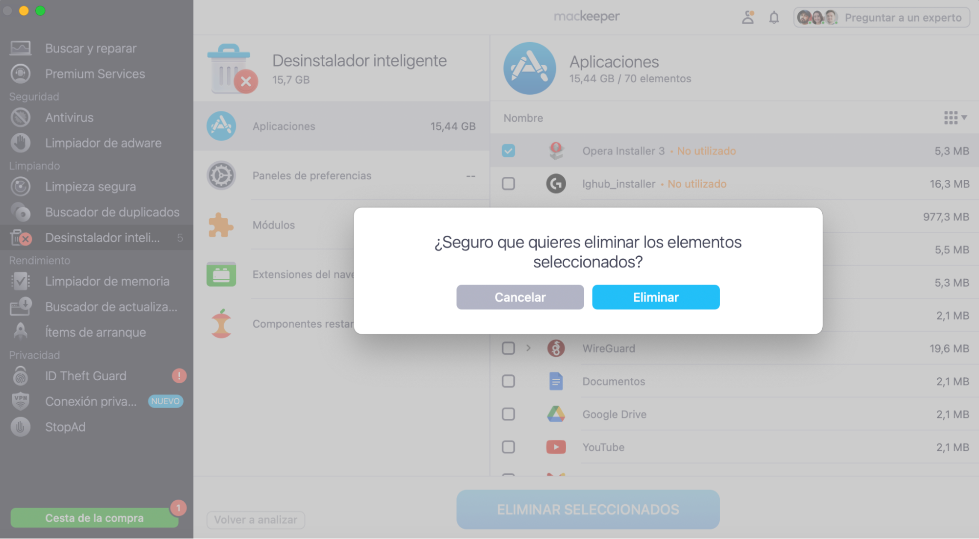 Haz clic en Eliminar en una ventana desplegable para eliminar los elementos seleccionados.