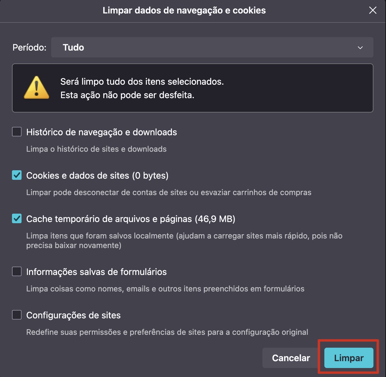 O Firefox no Mac mostra o menu Limpar Dados. Selecione os arquivos temporários que deseja excluir e clique em Limpar.