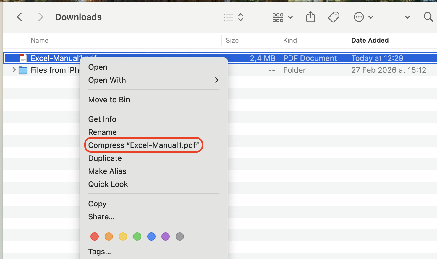 Open Finder on your Mac, right-click or Control-click your MOV file, then select Compress to create a smaller zipped archive in the same folder.