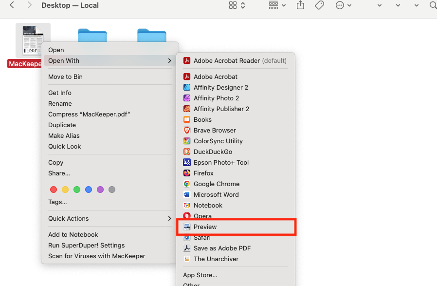 Right-click your PDF file and select Open With > Preview. Alternatively, you can drag and drop your file onto the Preview app in Applications or in your Dock.