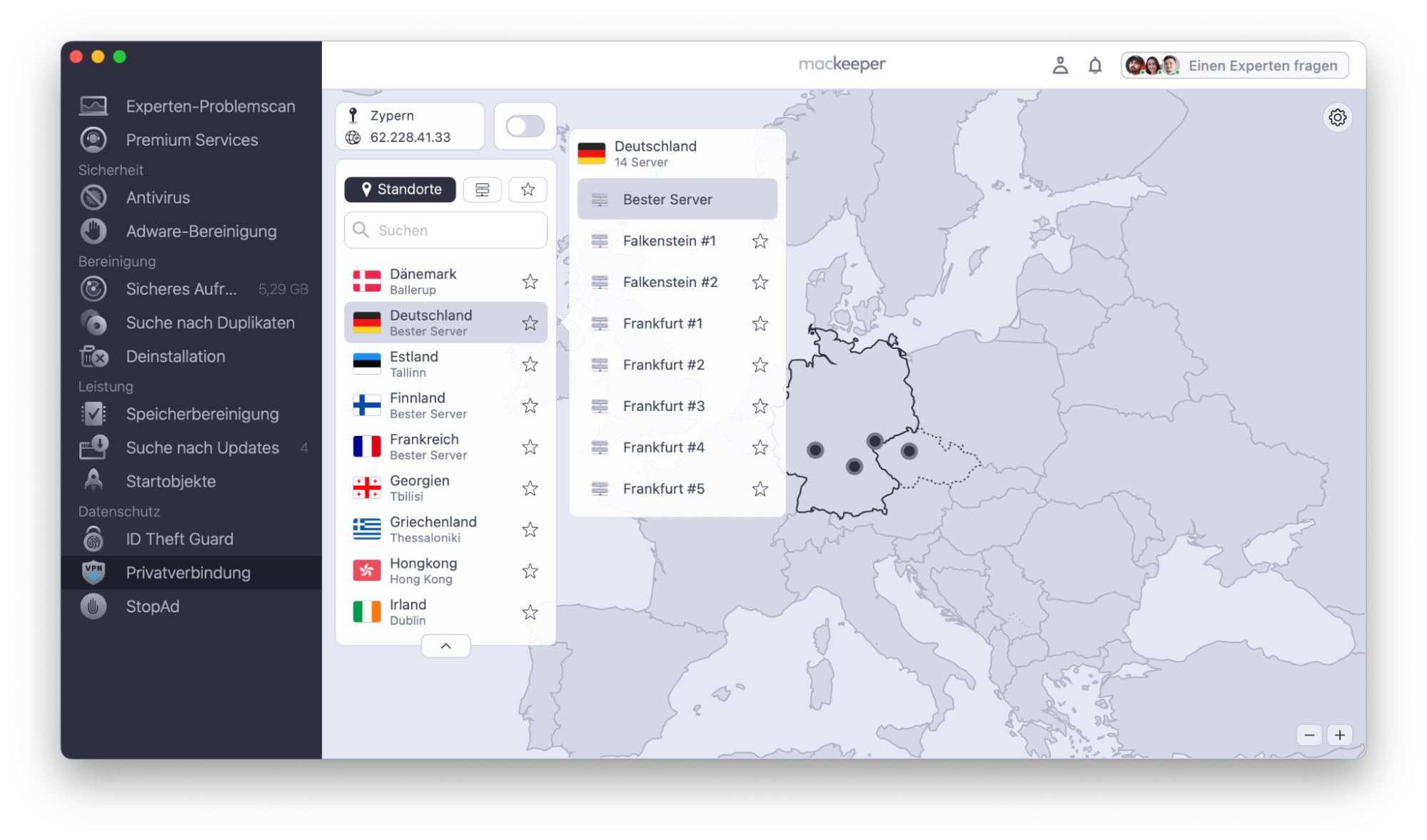 Klicken Sie auf das Dropdown-Menü, wenn Sie einen VPN-Server an einem bestimmten Standort suchen, oder wählen Sie die Option Bester Sever, damit MacKeeprs VPN Sie mit dem besten verfügbaren Dienst verbindet.