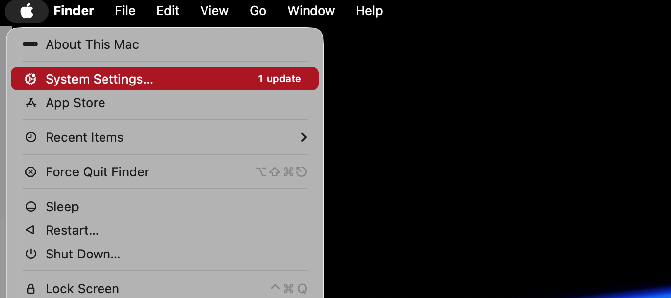 You can use System Settings to hide all the icons on your Mac's desktop. There are few different ways to do this. One way to open System Settings is to click the Apple icon in the top left of your screen, and selecting 'System Settings'.