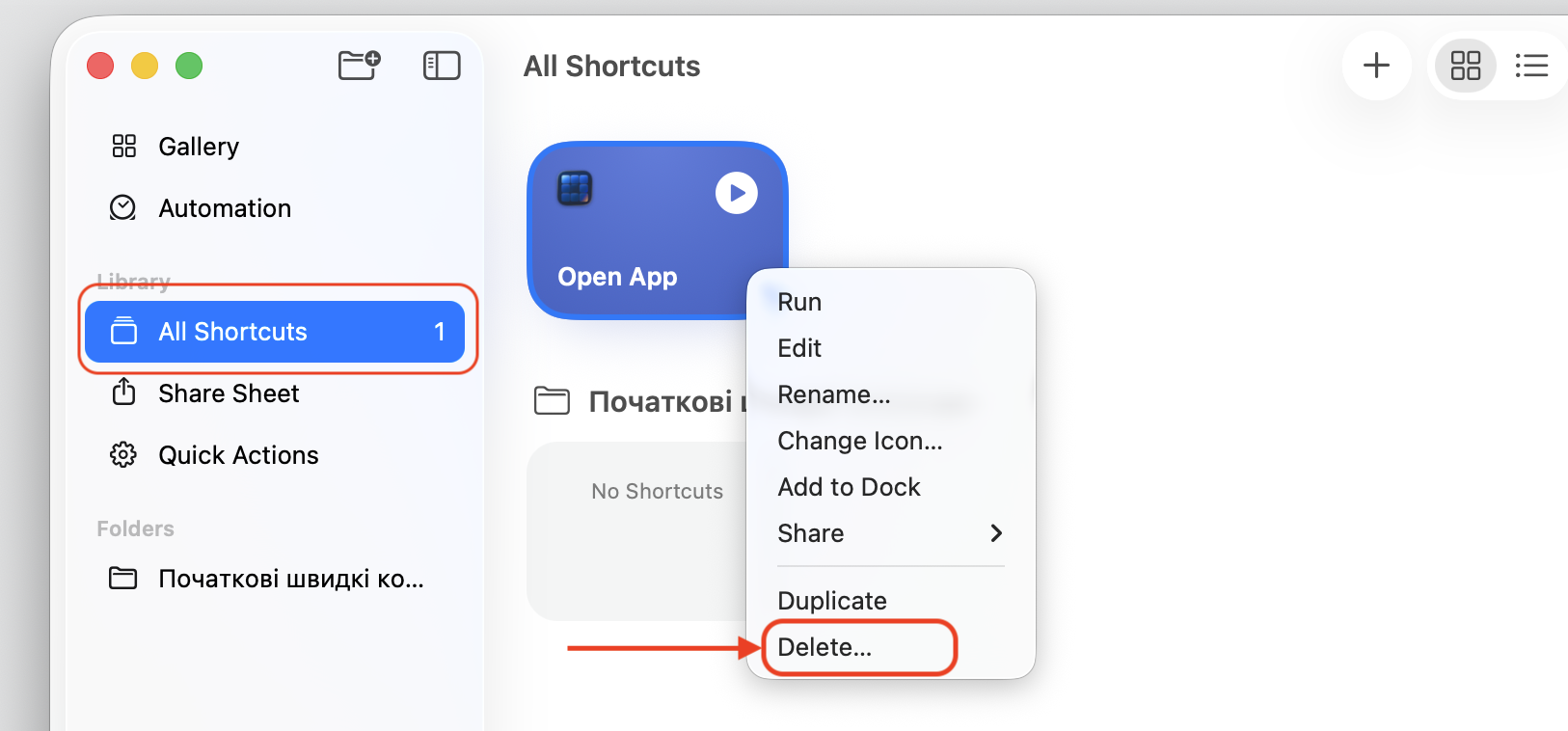 Control-clicking a shortcut in the Shortcuts app and choosing Delete on a MacBook to clear the loop driving backgroundshortcutrunner CPU usage.
