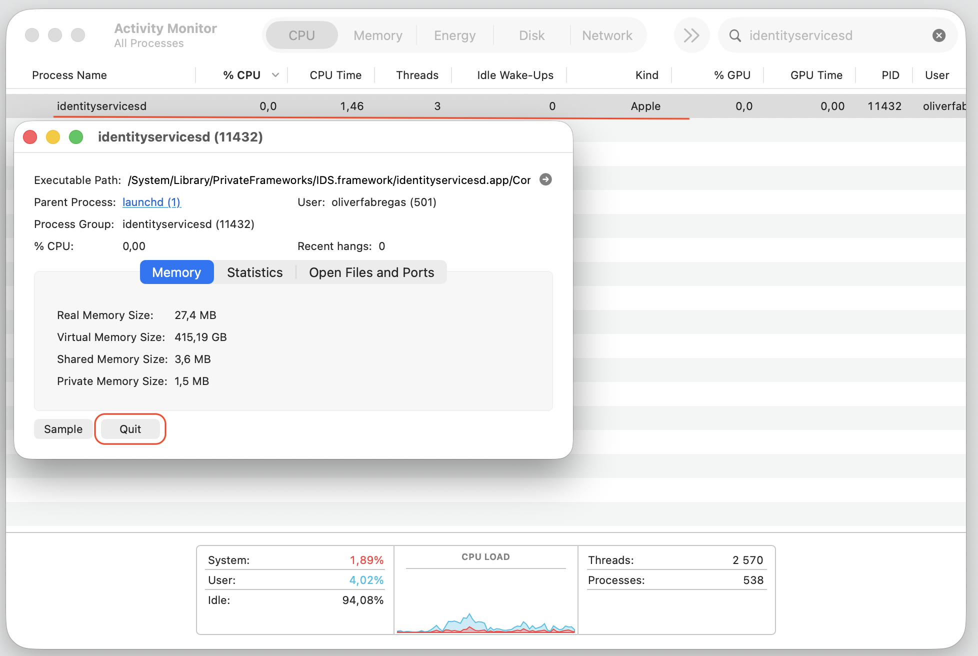 Activity Monitor window on an Apple computer showing the identityservicesd process selected with the Stop button used to force quit it on macOS.