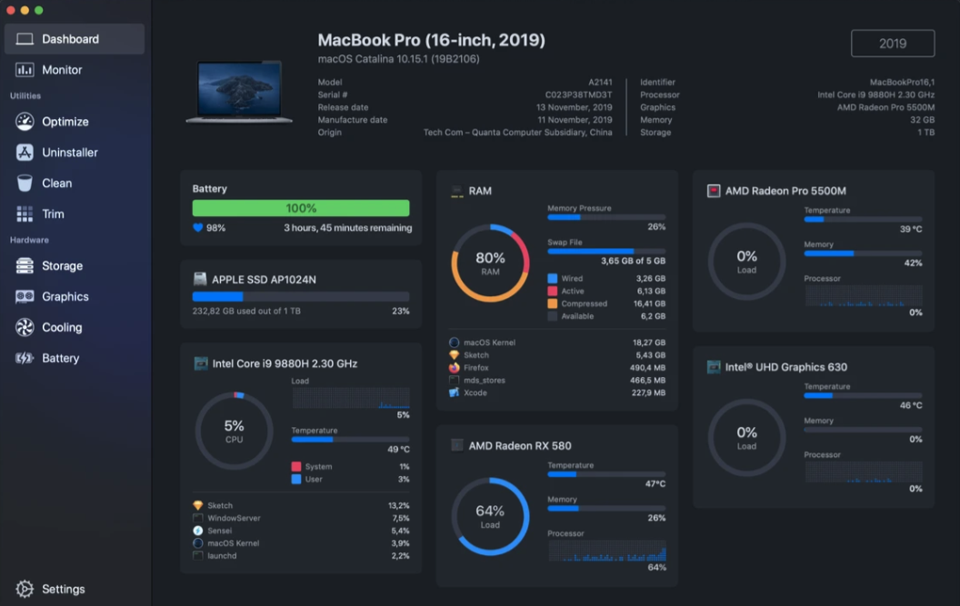 Sensei Dashboard on a Mac running macOS Catalina 10.15.1, showing live CPU, RAM, storage, battery, and GPU monitoring with built-in cleanup utilities.