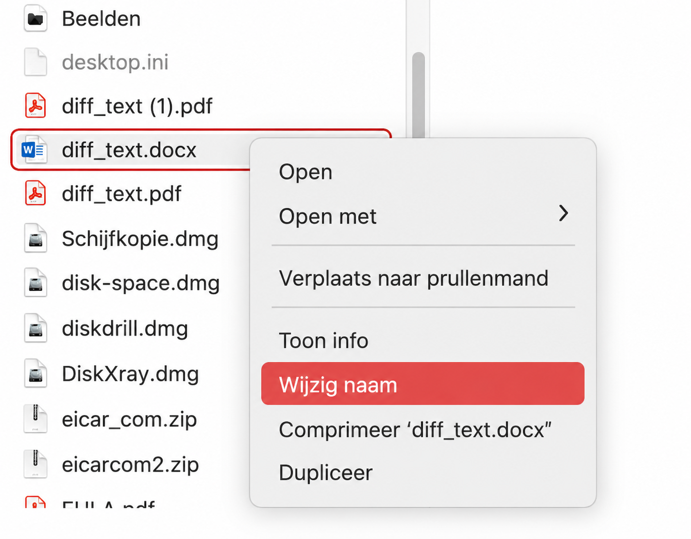 Het hernoemen van uw Word-bestanden kan helpen wanneer Word crasht of zich sluit op uw Mac. Klik met de rechtermuisknop op het bestand en kies 'Hernoem'.