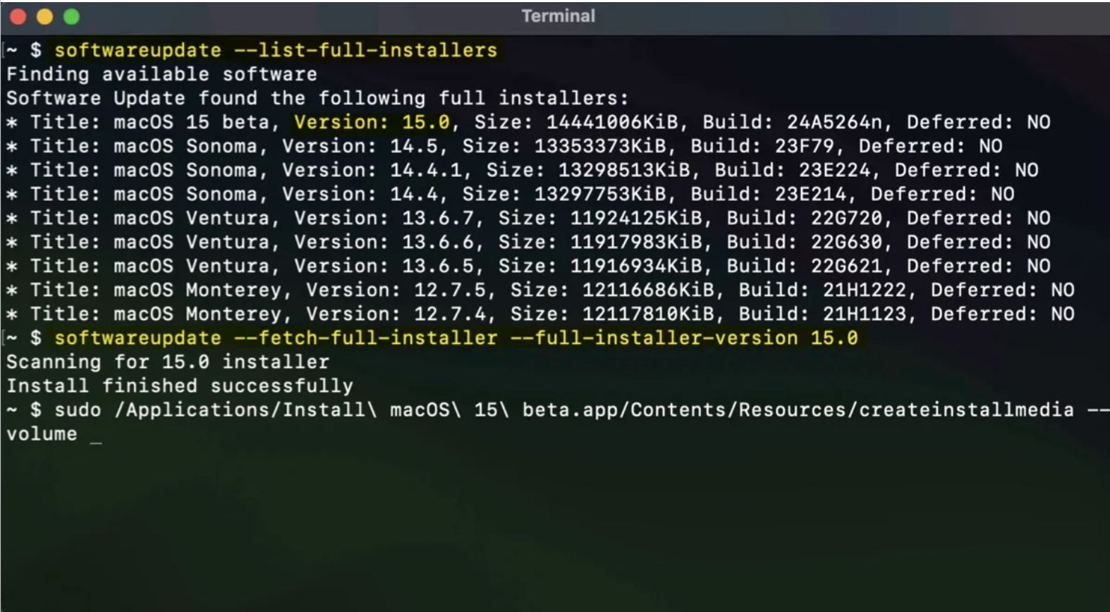 To use Terminal to try and download macOS Sequoia, begin by going to Finder > Applications > Utilities, to open Terminal. Then type softwareupdate --list-full-installers and press Enter. Find the version number of the macOS Sequoia you want, then run softwareupdate --fetch-full-installer --full-installer-version version_number (replacing version_number). Wait for the download to finish, then open the installer in Applications to update your Mac.