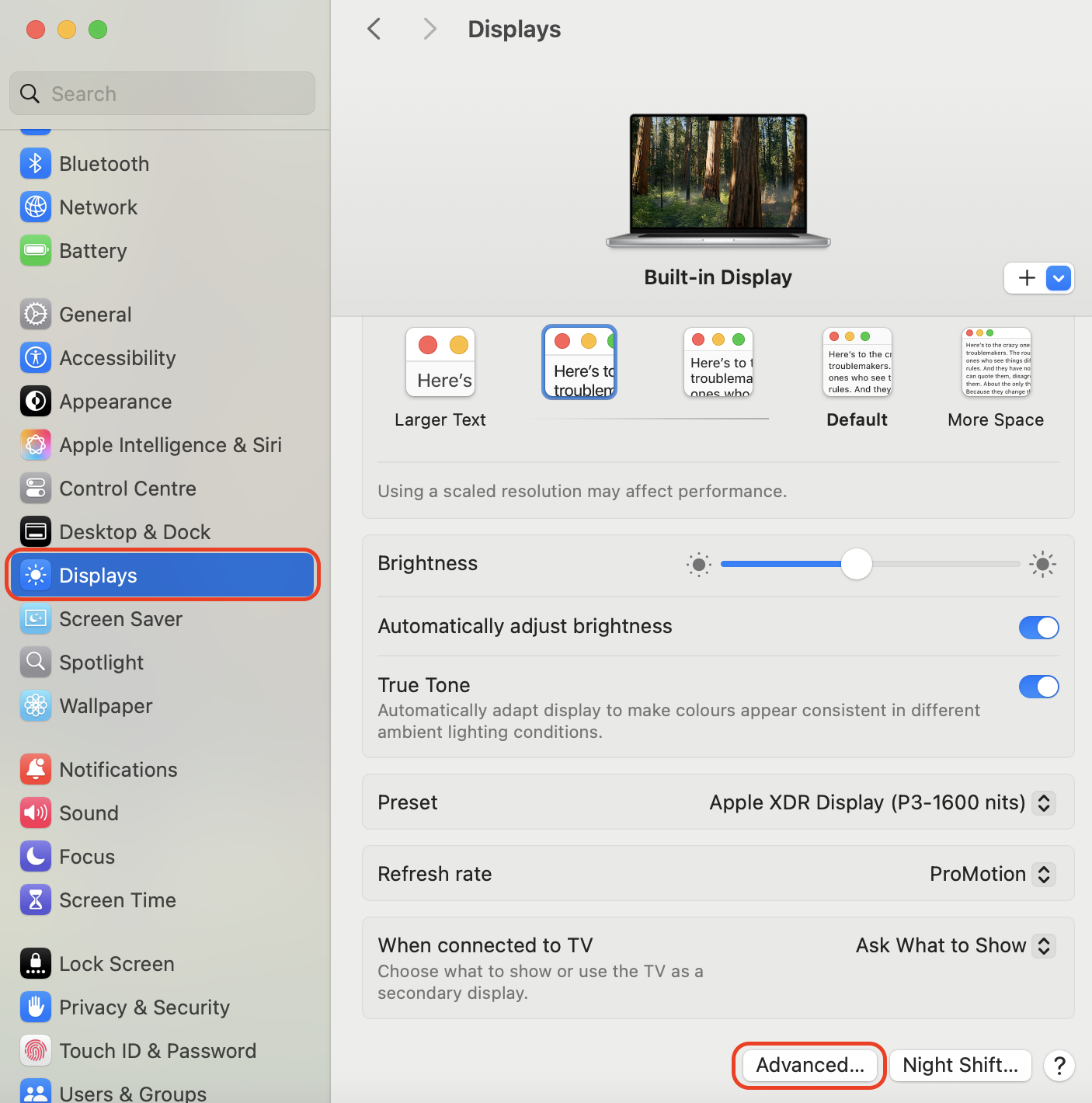Opening System Settings on macOS, selecting Displays, and clicking Advanced to access options for enabling cross-device cursor movement and drag and drop.