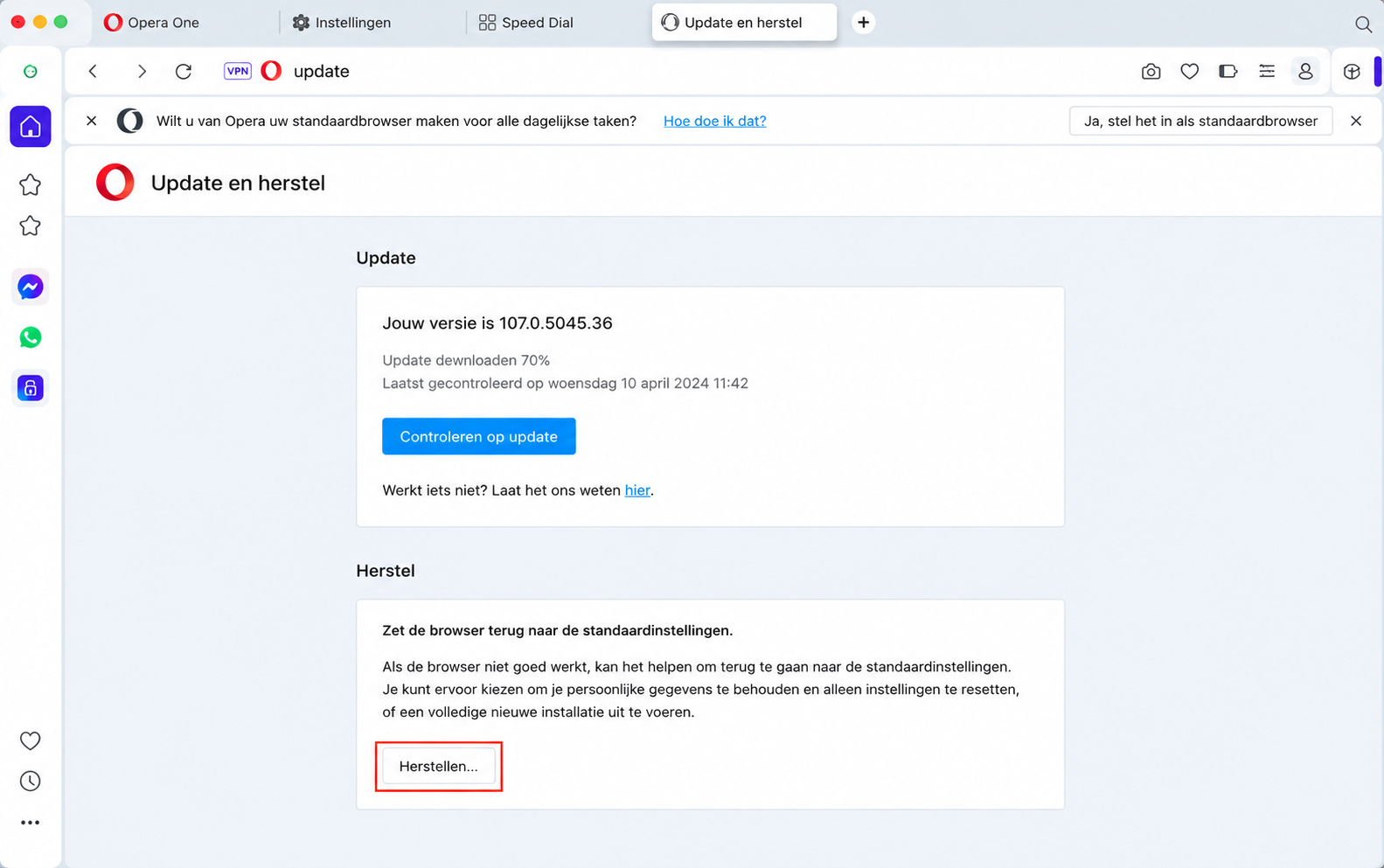 Het scherm Update en herstel van Opera, met Herstel > Herstellen gemarkeerd. Hoe je Opera reset, een stap in een handleiding over hoe je valse McAfee pop-ups kunt stoppen op Mac.