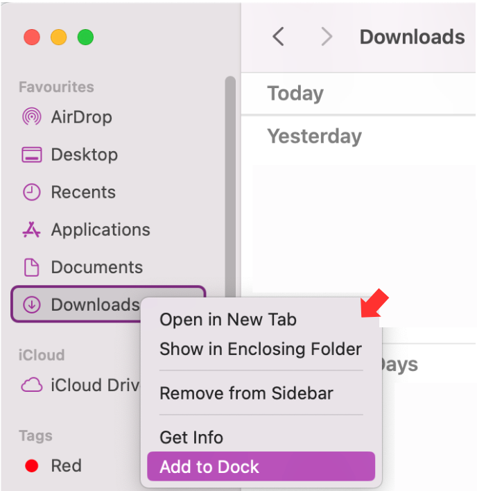 To use the right-click function instead of trying to drag Downloads to your Dock, first you need to open Finder. Then look for Downloads in the list and right-click. From the context menu, choose the option Add to Dock.