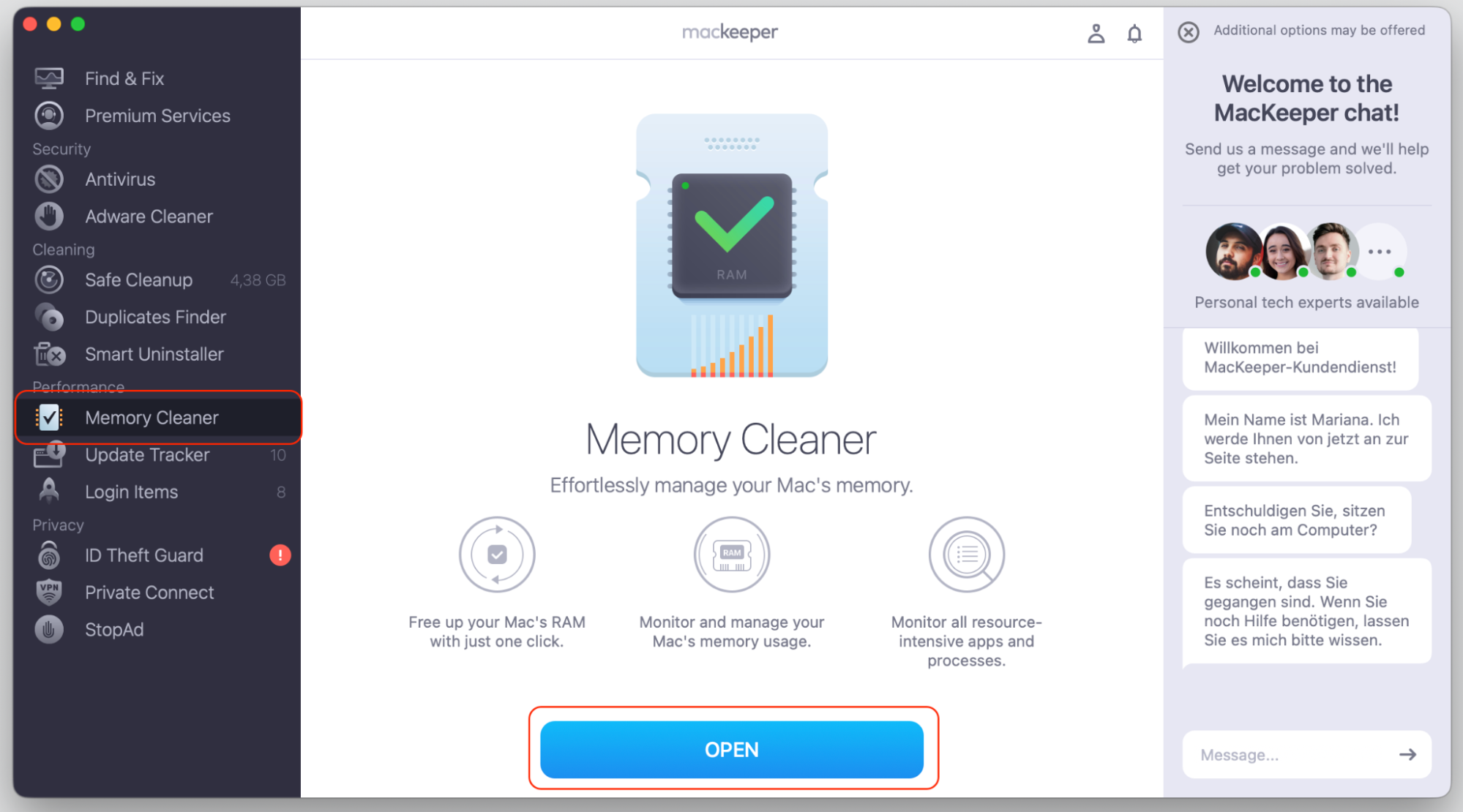MacKeeper app on macOS showing the Memory Cleaner tab selected in the left sidebar with the Open button highlighted on an Apple computer.