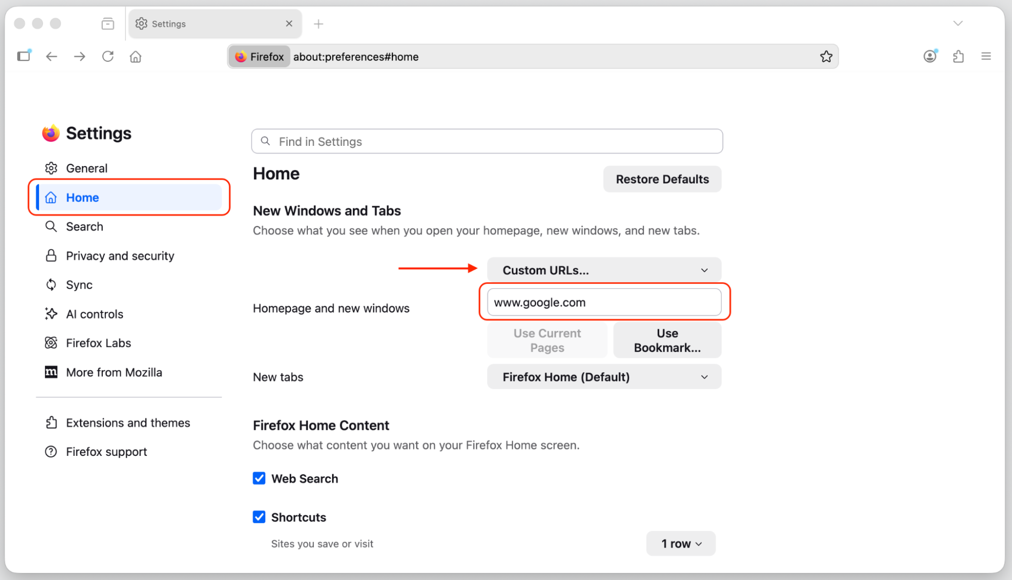 Firefox Settings Home tab on an Apple computer showing the Custom URLs homepage field set back to a trusted page after Chromium tampering.