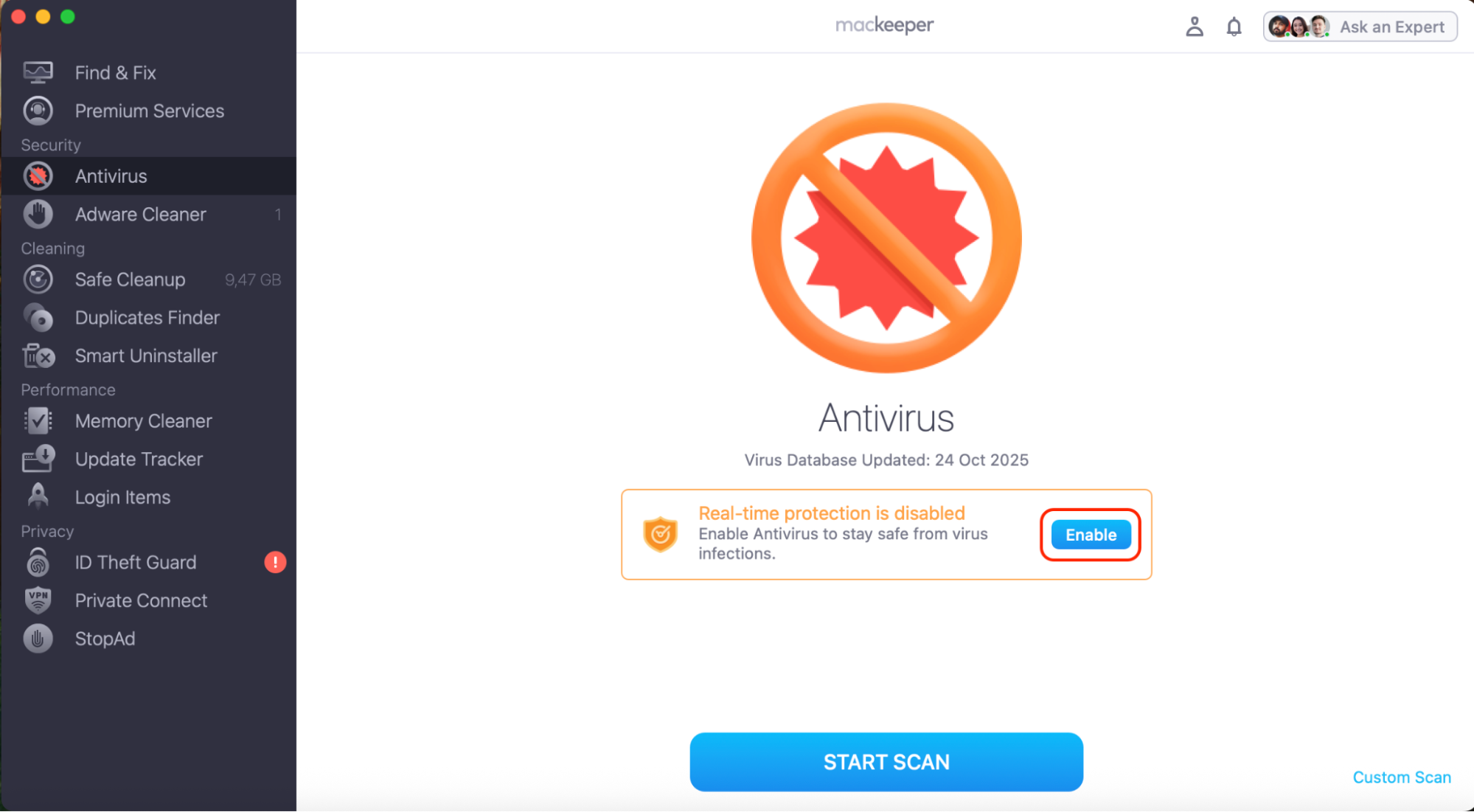 Enable MacKeeper's Antivirus to block malware in real time, preventing malicious files from executing and keeping your Mac protected at all times.