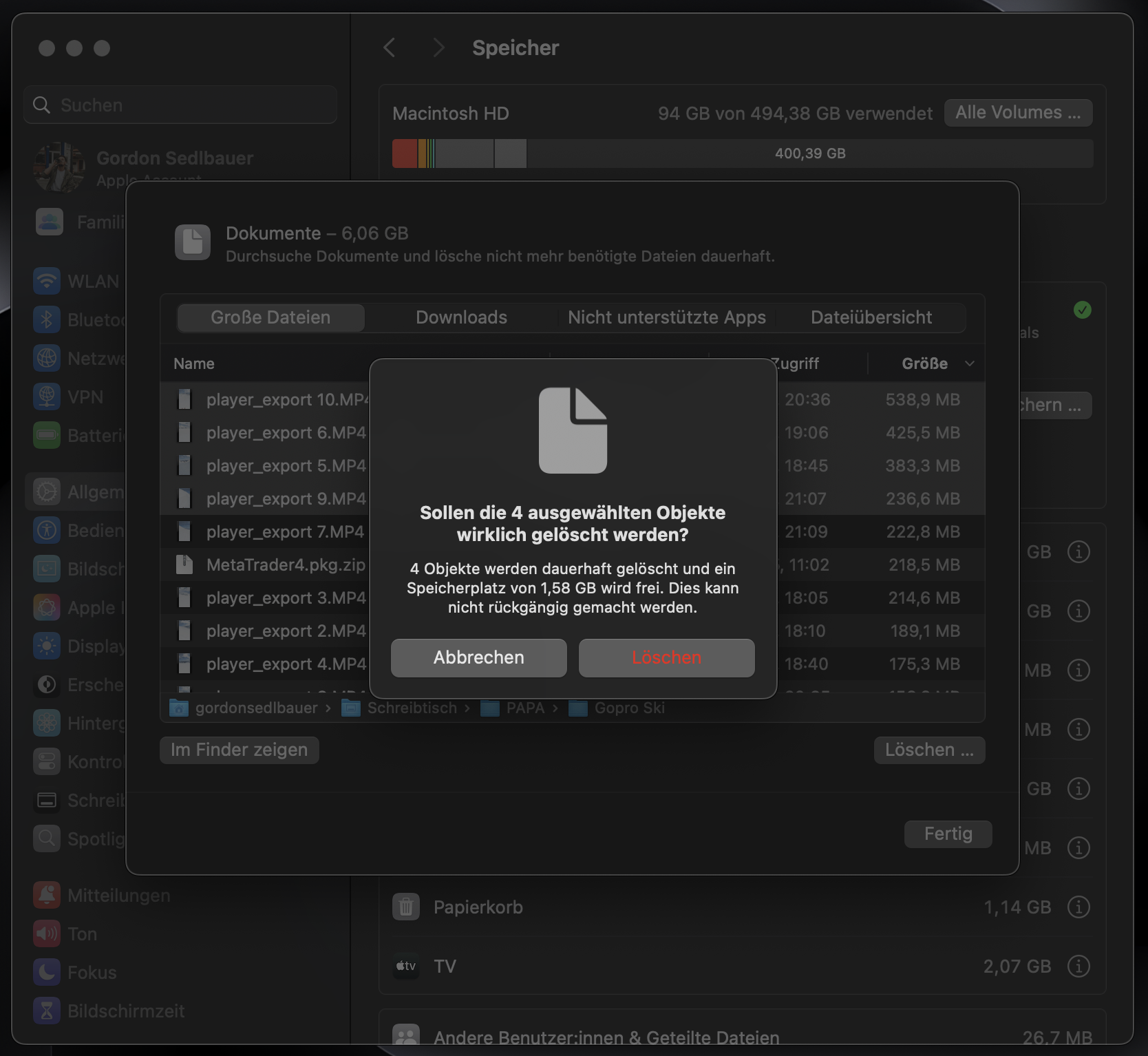 Um das Löschen der Dateien zu bestätigen, klicken Sie in einem Dropdown-Fenster auf Löschen. Dieser Vorgang kann nicht rückgängig gemacht werden.