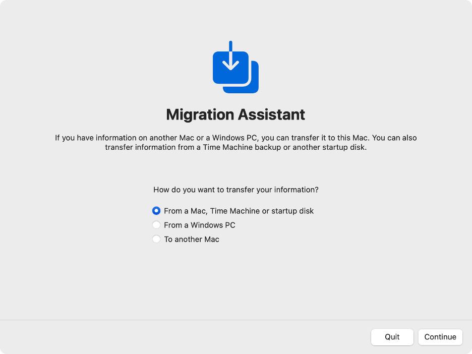 To restore Mac to a previous date without Time Machine, select a device in Migration Assistant from which to transfer the information.