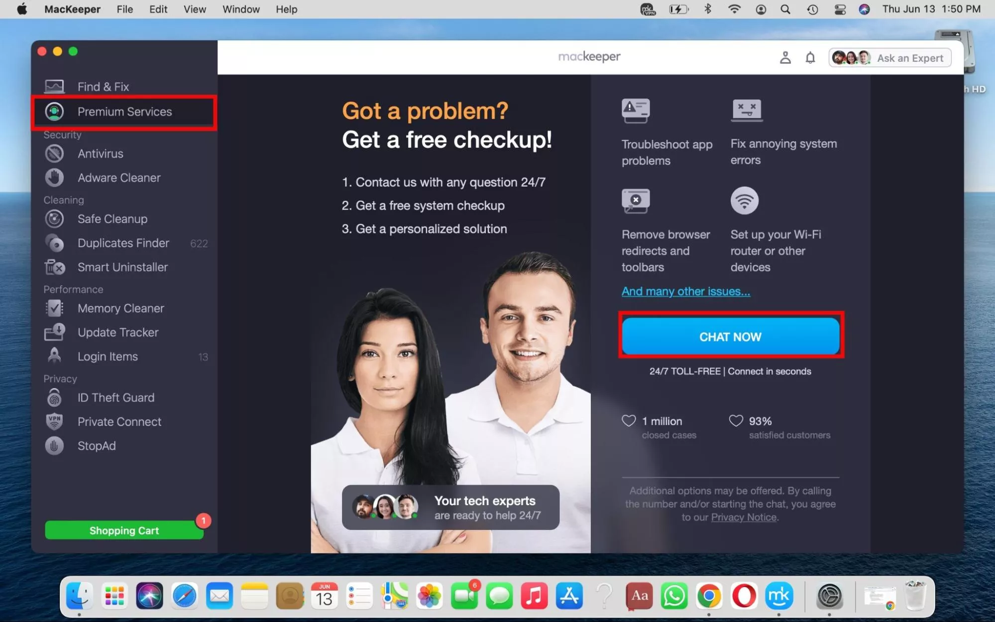 MacKeeper appears on a MacBook Pro screen. Select Premium Services and Chat Now to fix the issue of function keys not working on Mac.