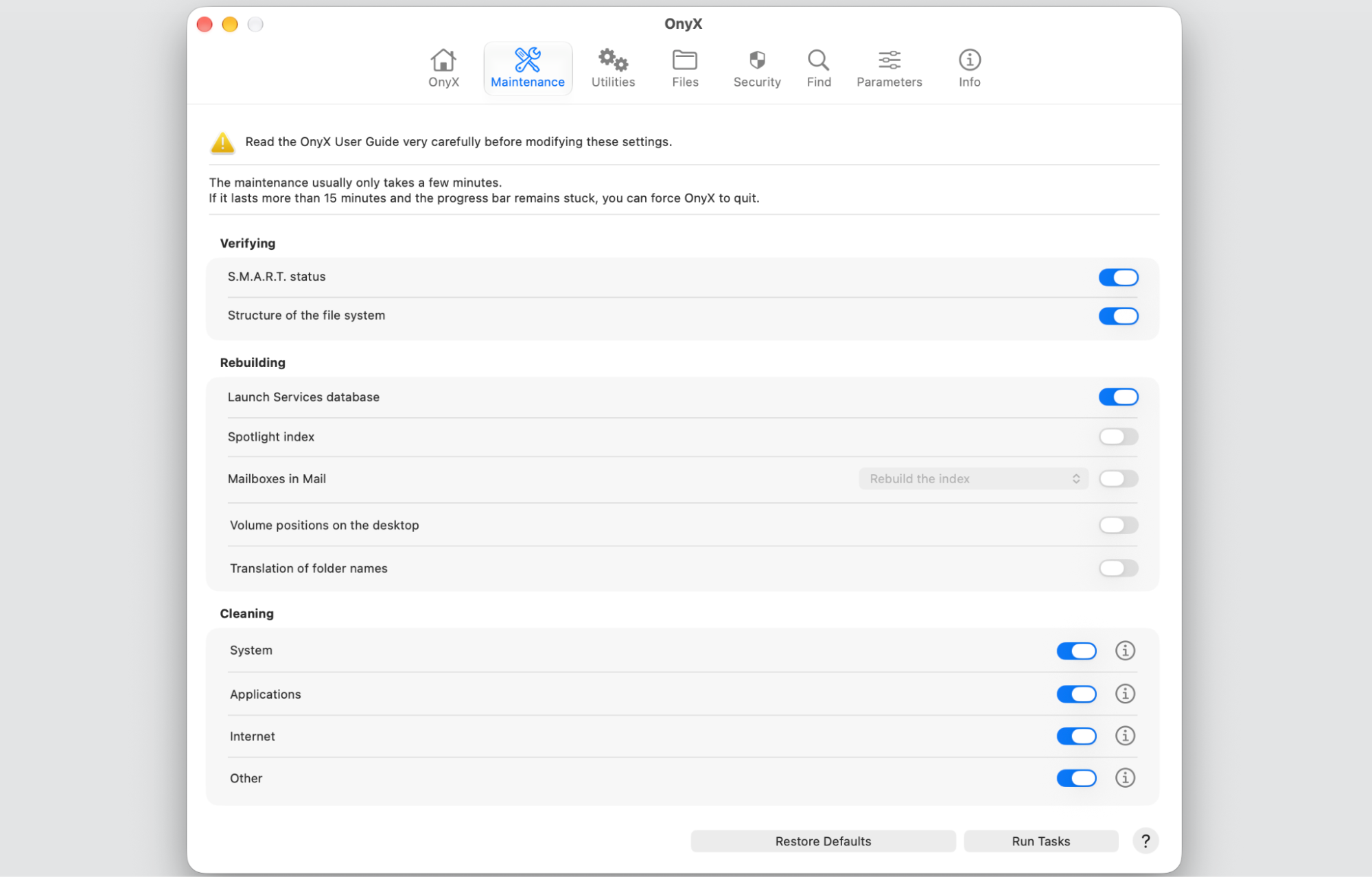 OnyX Maintenance tab on macOS from Titanium Software, with verifying, rebuilding, and cleaning toggles plus a Run Tasks button for upkeep.